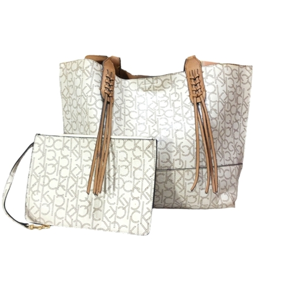 Calvin Klein Vanilla Coated Canvas Monogram Tote Bag and Accessory Case - Picture 1 of 13